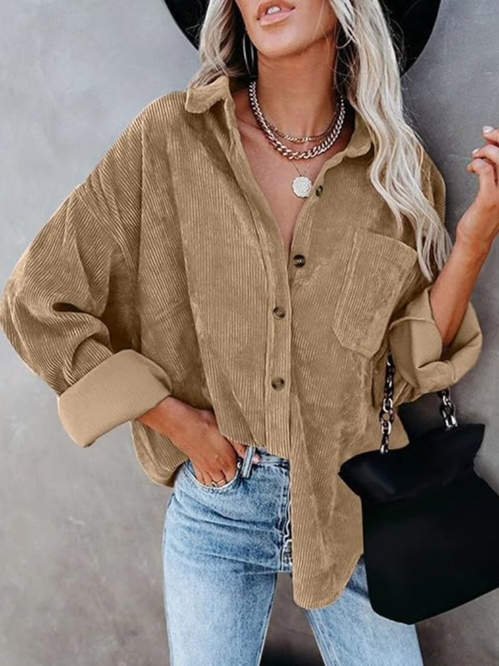 Womens Corduroy Button Down Shacket Shirt Casual Loose Fit Jacket Long Sleeve